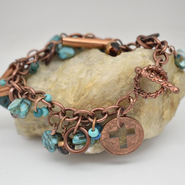 Turquoise Teal Green Chunky Copper Charm Bracelet with Penny Cross